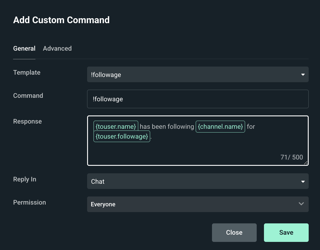 Followage custom command template for Cloudbot